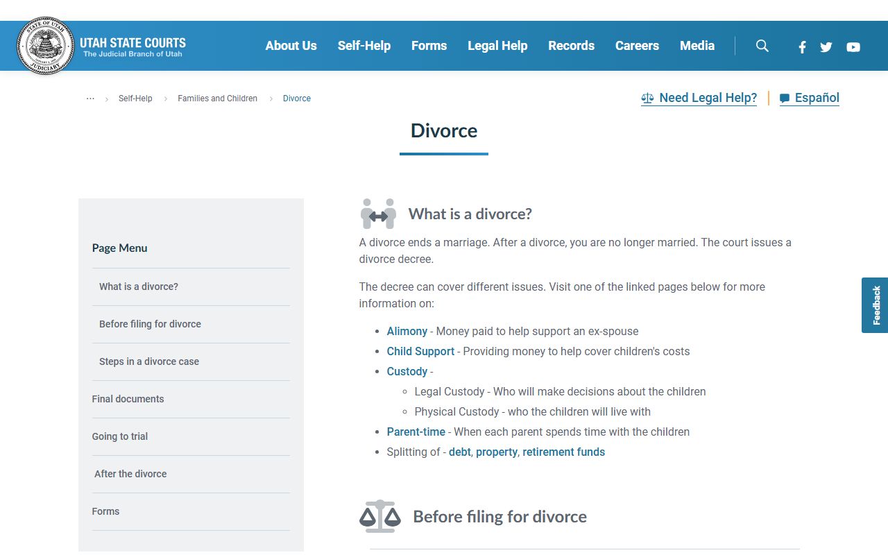Utah Court System Case Search portal for searching divorce records