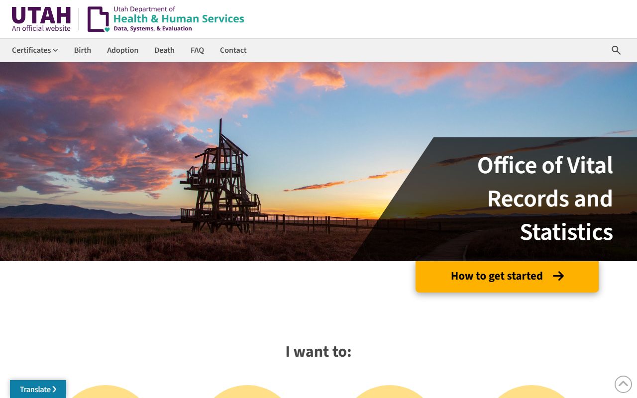 Utah Department of Health and Human Services Office of Vital Records and Statistics divorce record ordering page